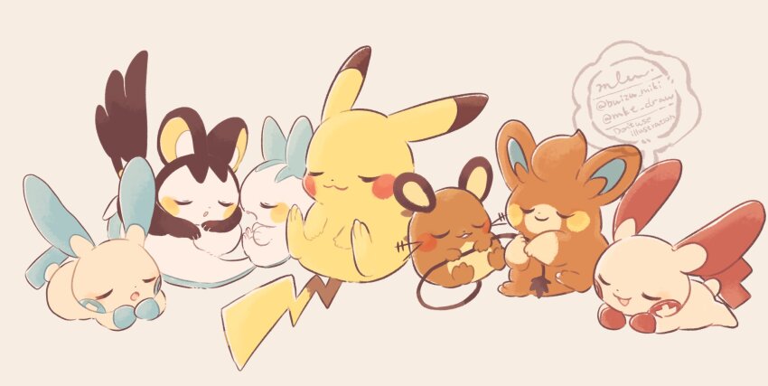 closed_eyes closed_mouth dedenne emolga gen_1_pokemon gen_3_pokemon gen_4_pokemon gen_5_pokemon gen_6_pokemon highres minun mkt_(buizu-miki) nintendo no_humans open_mouth pachirisu pawmi pikachu plusle pokemon pokemon_(creature) simple_background sleeping smile tail twitter_username