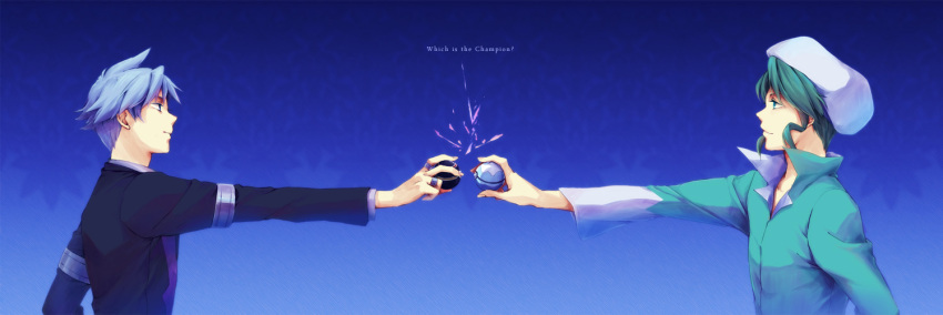 2boys black_jacket blue_background blue_hair dive_ball english_text faust134 green_hair green_shirt hat holding holding_poke_ball jacket luxury_ball male_focus multiple_boys nintendo poke_ball pokemon pokemon_(creature) pokemon_rse shirt short_hair steven_stone wallace_(pokemon) white_hat white_shirt