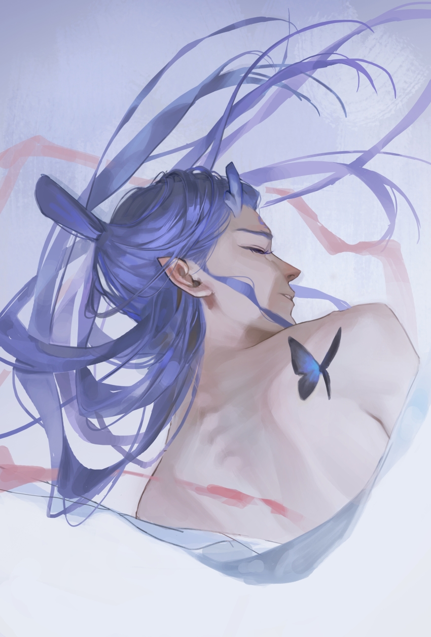 1boy absurdres ao_bing_(nezha_zhi_motong_jiangshi) at_wang blue_butterfly blue_hair bug butterfly chinese_commentary closed_eyes commentary_request cropped_torso dragon_boy dragon_horns eastern_dragon_horns floating_hair highres horns insect long_hair male_focus nezha_zhi_motong_jiangshi parted_lips profile solo spine