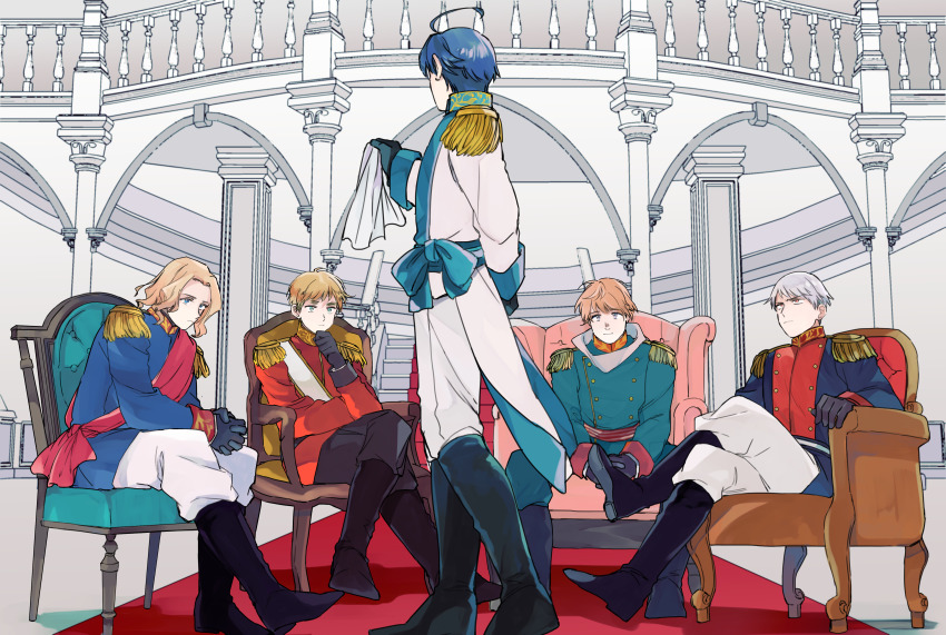 5boys absurdres ahoge arms_behind_back austria_(hetalia) axis_powers_hetalia baggy_pants belt black_boots black_gloves black_pants blonde_hair blue_belt blue_bow blue_eyes blue_hair blue_jacket boots bow buttons chair closed_mouth commentary_request crossed_legs epaulettes facing_away france_(hetalia) full_body gloves goro_nyanko green_eyes green_jacket green_pants grey_hair hand_on_own_chin hand_up handkerchief highres holding holding_handkerchief indoors jacket long_sleeves looking_at_another male_focus mandarin_collar military_jacket military_uniform multiple_boys on_chair own_hands_together pants pink_sash prussia_(hetalia) purple_eyes red_belt red_carpet red_eyes red_jacket russia_(hetalia) sash scarf short_hair sitting spread_legs stairs standing united_kingdom_(hetalia) white_belt white_jacket white_pants white_sash white_scarf