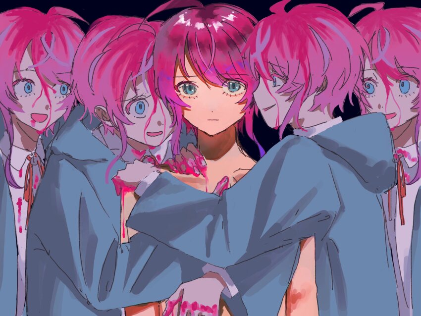 5boys :d amemura_ramuda blood blood_from_forehead blood_from_mouth blood_on_clothes blood_on_hands blue_background blue_coat blue_eyes boy_sandwich clone clothed_male_nude_male coat collarbone collared_shirt cowlick gradient_hair greek_commentary group_hug hand_on_another&#039;s_chest hand_on_another&#039;s_shoulder highres hood hood_down hooded_coat hug hunched_over hypnosis_mic light_frown long_sleeves looking_at_another looking_at_viewer male_focus multicolored_hair multiple_boys neck_ribbon nude open_mouth pink_blood pink_hair raised_inner_eyebrows ribbon sandwiched shirt short_hair_with_long_locks simple_background smile solo_focus spoilers swept_bangs t_xfps upper_body white_shirt