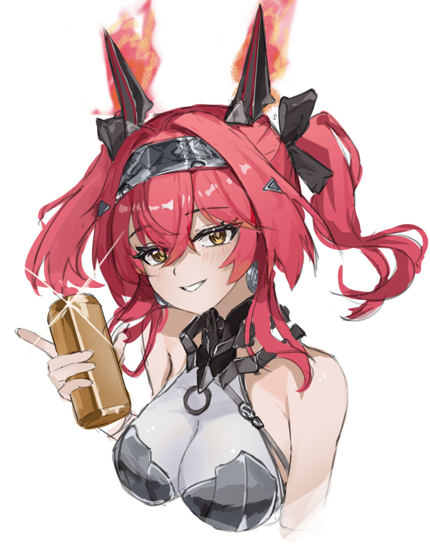 1girl armor bare_shoulders black_bow bow breastplate can collar commentary cropped_torso drink_can earrings hair_between_eyes hair_bow hairband headgear highres holding holding_can jewelry long_hair looking_at_viewer lupa_(wuthering_waves) metal_collar metal_hairband multiple_hair_bows parted_lips red_hair sercet simple_background smile solo twintails white_background wuthering_waves yellow_eyes