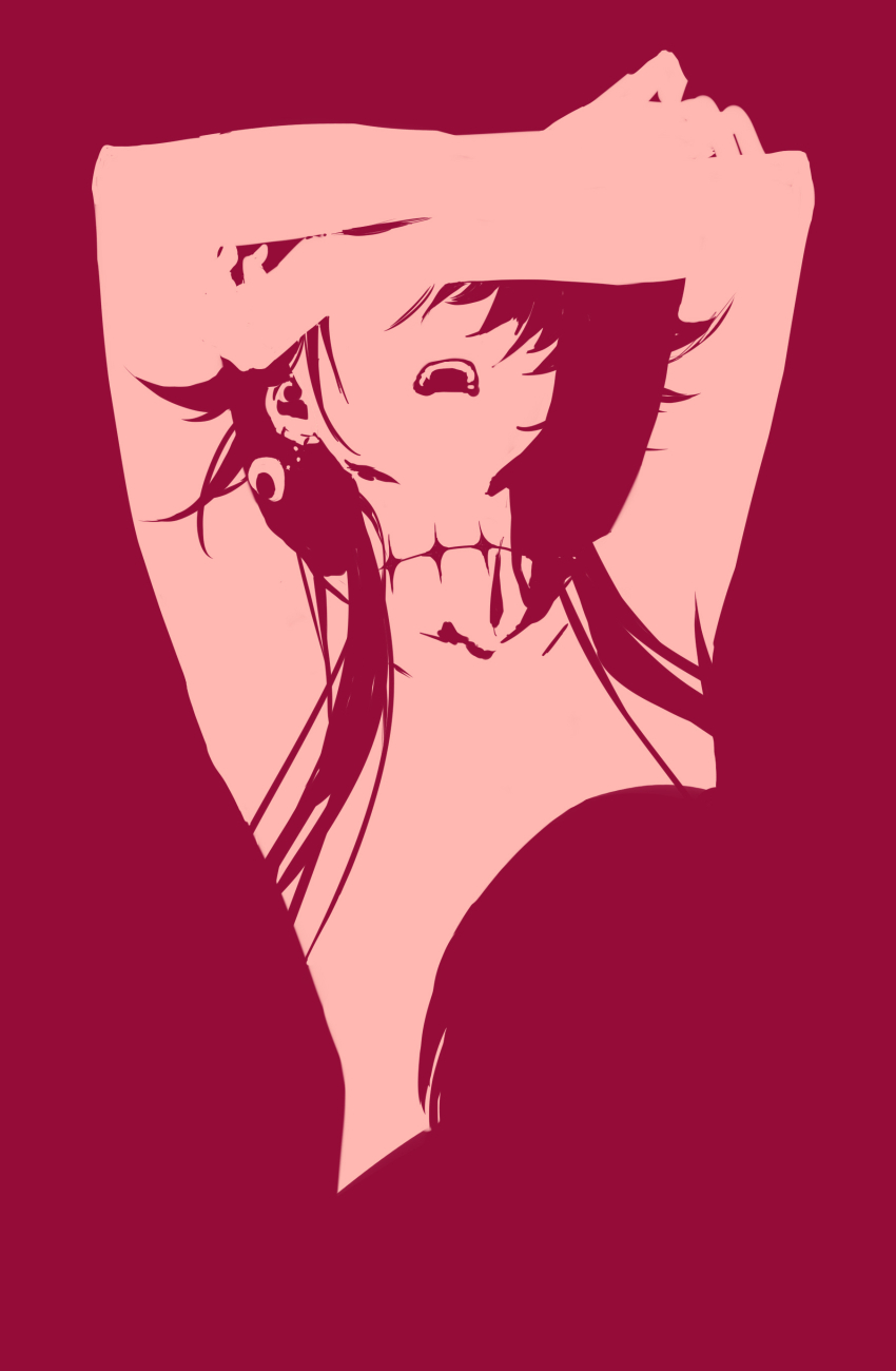 2others absurdres arms_up commentary_request crimson_(ragna_crimson) earrings highres implied_fellatio jewelry long_hair monochrome multiple_others neck_tattoo open_mouth ragna_crimson red_background simple_background tattoo teeth topless_other upper_teeth_only very_long_hair victima