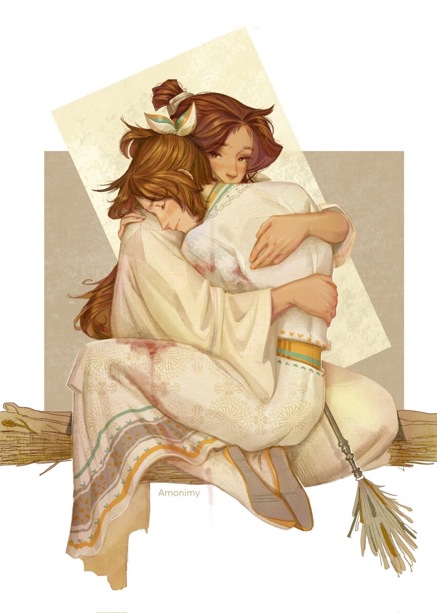 1boy 1girl amonimy blood blood_on_clothes boots border bright_pupils brown_background brown_eyes brown_hair chinese_clothes closed_eyes comforting crying floral_print gold_trim green_nails green_trim hair_bun hair_ribbon hands_on_another&#039;s_back hanfu hay head_on_another&#039;s_shoulder highres hug long_hair long_sleeves looking_at_viewer mixed-language_commentary outside_border parted_bangs ribbon seiza shi_qingxuan single_hair_bun sitting tianguan_cifu very_long_hair whisk white_border white_hanfu white_pupils white_ribbon xie_lian