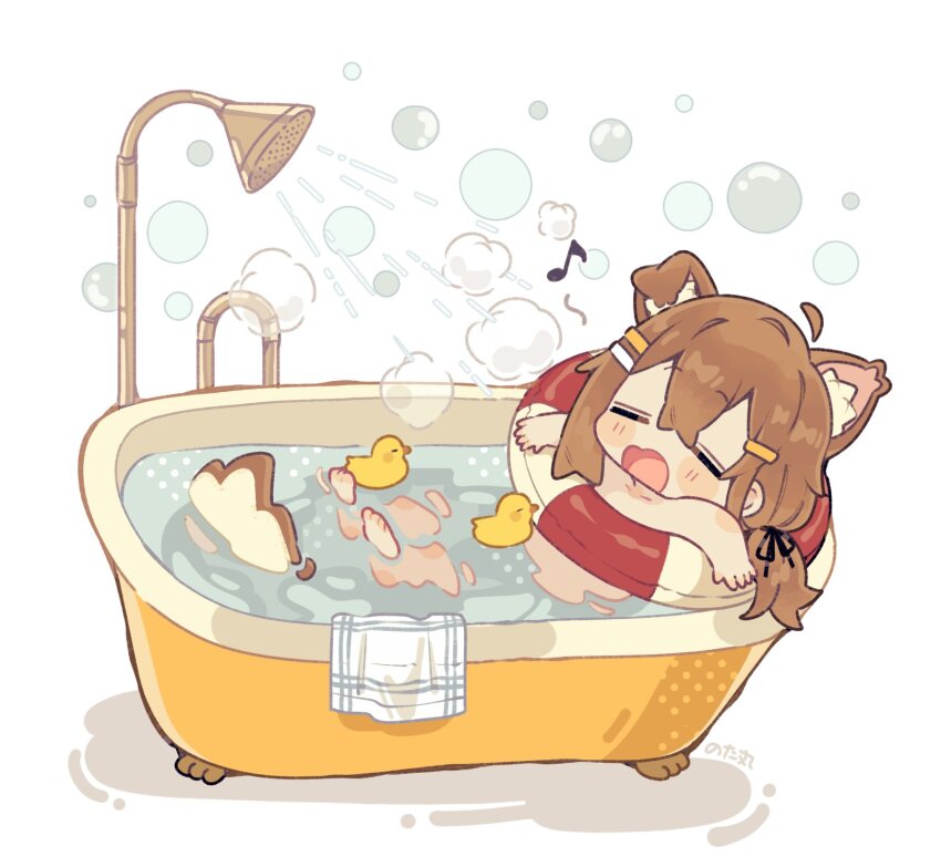 1girl ahoge animal_ear_fluff animal_ears artist_name barefoot bath bathing bathtub bird blush brown_hair bubble chibi claw_foot_bathtub closed_eyes completely_nude dog_ears dog_girl duck eighth_note full_body hair_between_eyes hair_ornament hair_ribbon hairclip highres innertube long_hair low_twintails mamehinata music musical_note notamaru_2 nude open_mouth partially_submerged ribbon rubber_duck shower_head simple_background singing soap_bubbles solo steam swim_ring towel twintails vrchat water white_background