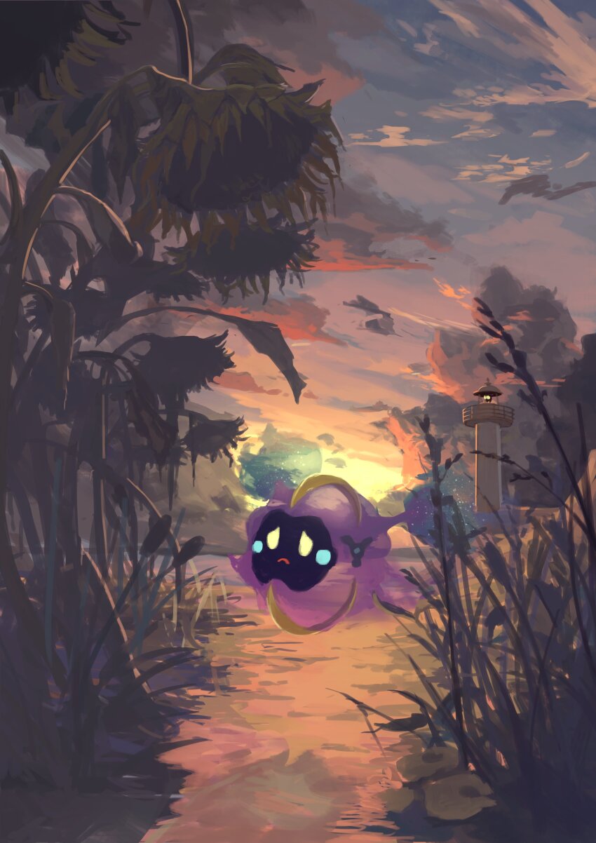 absurdres blue_blush blush_stickers cloud cosmog dusk evening floating frown gen_7_pokemon grass highres king_joe_(neoroto) legendary_pokemon lighthouse nintendo no_humans pokemon pokemon_(creature) pokemon_focus sad see-through_body solid_oval_eyes tree yellow_eyes