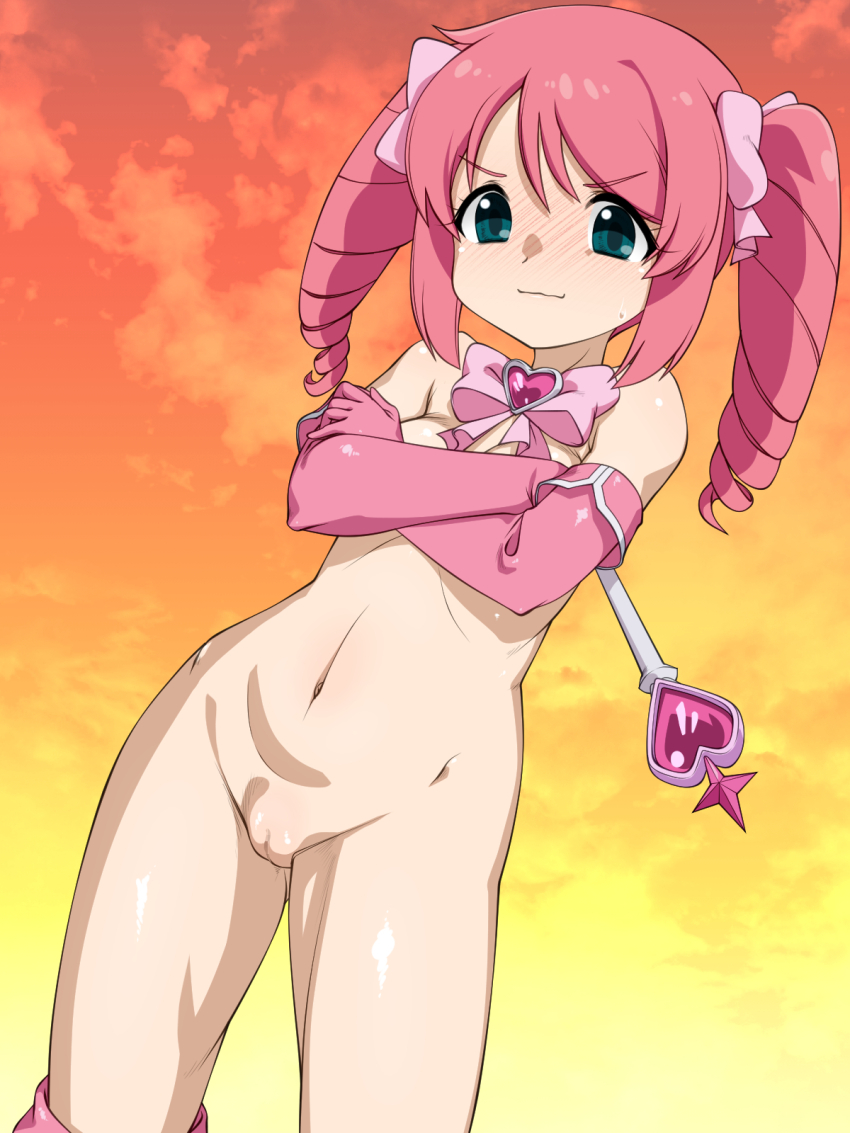1girl blue_eyes blush bow breasts buttons cleft_of_venus closed_mouth commentary_request crossed_arms dress drill_hair elbow_gloves gloves hanabishi_haruka heart highres magia_magenta magical_girl mahou_shoujo_ni_akogarete nude nurugamer-kouyouju pink_bow pink_dress pink_gloves pink_hair pussy small_breasts solo tareme twin_drills wand