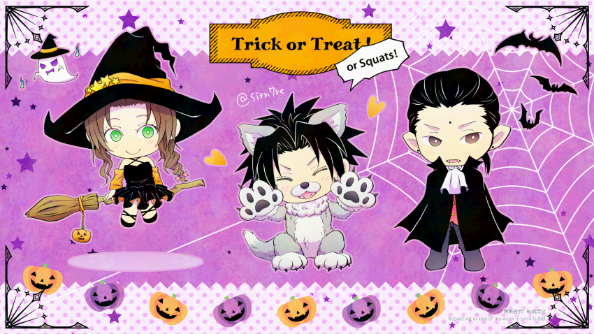 1girl 2boys aerith_gainsborough animal_costume animal_ears animal_hands ascot bare_shoulders bat_(animal) black_cape black_dress black_hair braid braided_ponytail broom broom_riding brown_hair cape closed_eyes closed_mouth commentary_request cosplay crisis_core_final_fantasy_vii dracula dracula_(cosplay) dress fangs final_fantasy final_fantasy_vii full_body ghost gloves green_eyes hair_slicked_back halloween hat highres looking_at_viewer multiple_boys open_mouth parted_bangs paw_gloves pointy_ears pumpkin silk smile spider_web spiked_hair sui_7r tail trick_or_treat tseng twitter_username white_ascot witch witch_hat wolf_costume wolf_ears wolf_tail zack_fair