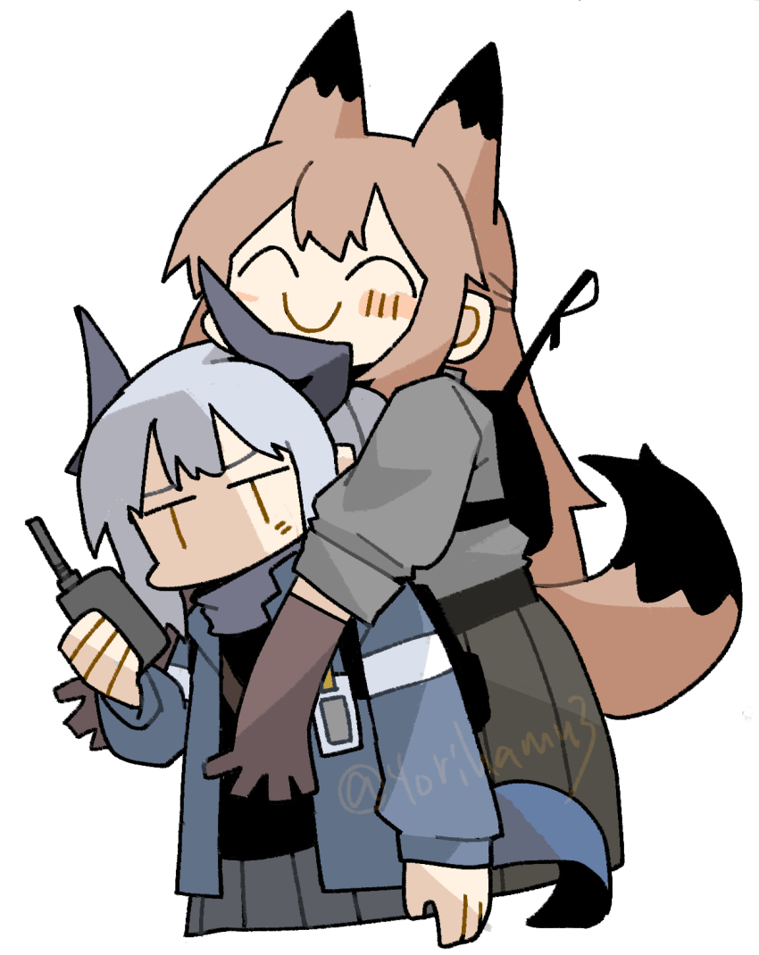 2girls ^_^ arknights blue_jacket blush brown_gloves brown_hair c: closed_eyes commentary_request demon_horns franka_(arknights) gloves grey_hair grey_shirt grey_skirt highres holding holding_walkie-talkie horns hug hug_from_behind jacket konno_akikaze liskarm_(arknights) long_hair multiple_girls pleated_skirt ponytail shirt short_hair sidelocks simple_background skirt sleeves_rolled_up smile twitter_username walkie-talkie white_background |_|