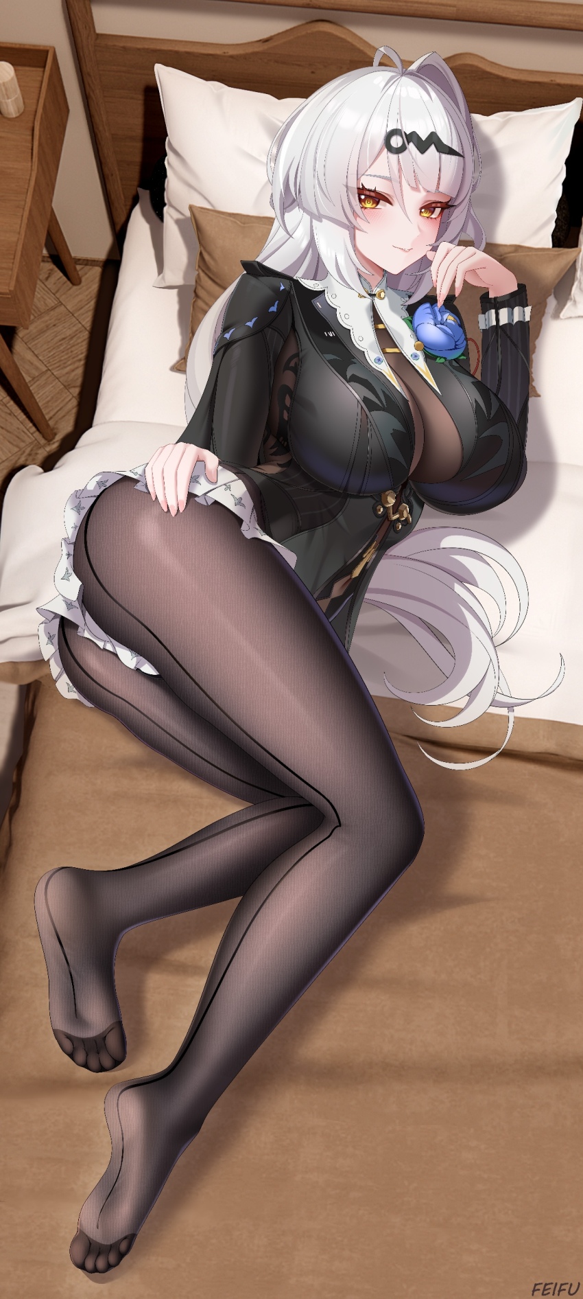 1girl absurdres ahoge ass bed black_jacket black_pantyhose blue_flower blush breasts chinese_commentary closed_mouth collar commentary_request feet feifu fingernails flower from_above hair_ornament hand_up highres huge_breasts jacket jpeg_artifacts long_hair looking_at_viewer lying miniskirt official_alternate_costume on_bed on_side pantyhose single_hair_intake skirt soles solo toes very_long_hair white_collar white_hair white_skirt yellow_eyes yixuan_(trails_of_ink)_(zenless_zone_zero) yixuan_(zenless_zone_zero) zenless_zone_zero