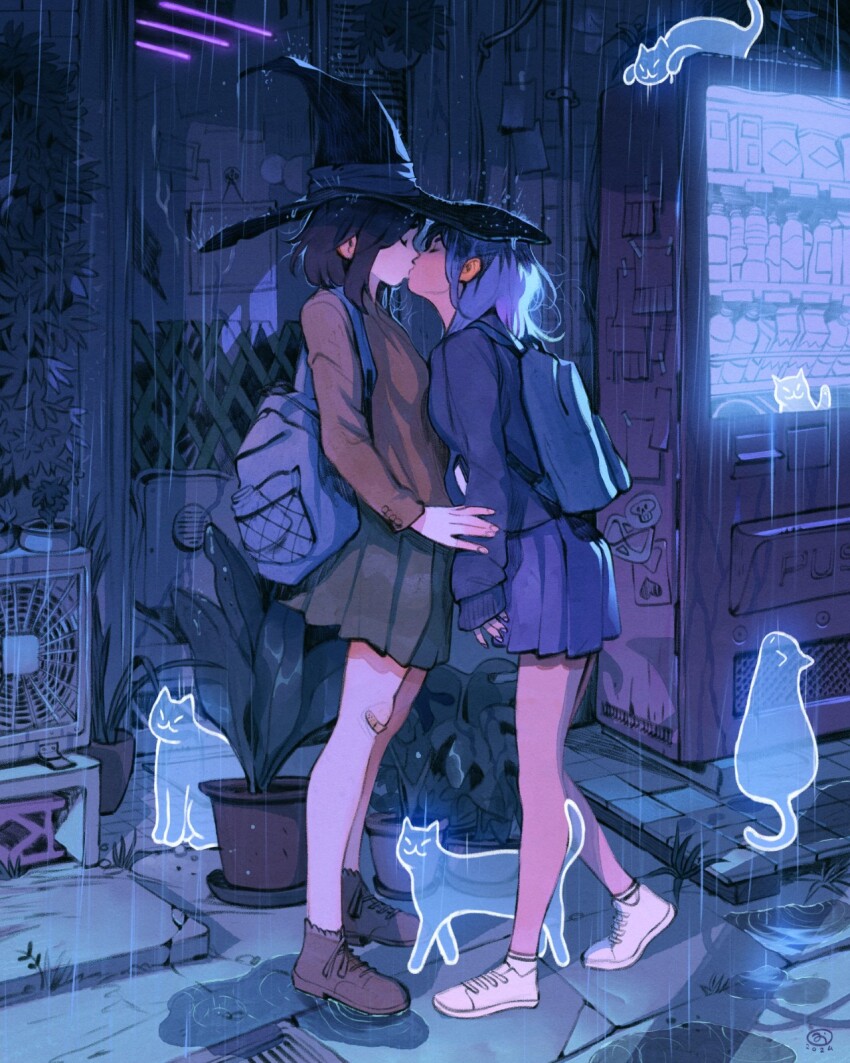 2girls air_conditioner artist_logo backpack bag bandaid bandaid_on_knee bandaid_on_leg black_hair black_hat black_skirt blazer blue_hair blue_jacket blue_skirt blue_theme blush boots brown_jacket cat closed_eyes commentary drain_(object) english_commentary from_side full_body ghost hat highres jacket kiss logo long_sleeves medium_hair multiple_girls original outdoors plant pleated_skirt potted_plant profile puddle purple_hair rain school_uniform shoes short_hair simz skirt sleeves_past_wrists slice_of_life sneakers standing stone_floor vending_machine witch_hat yuri