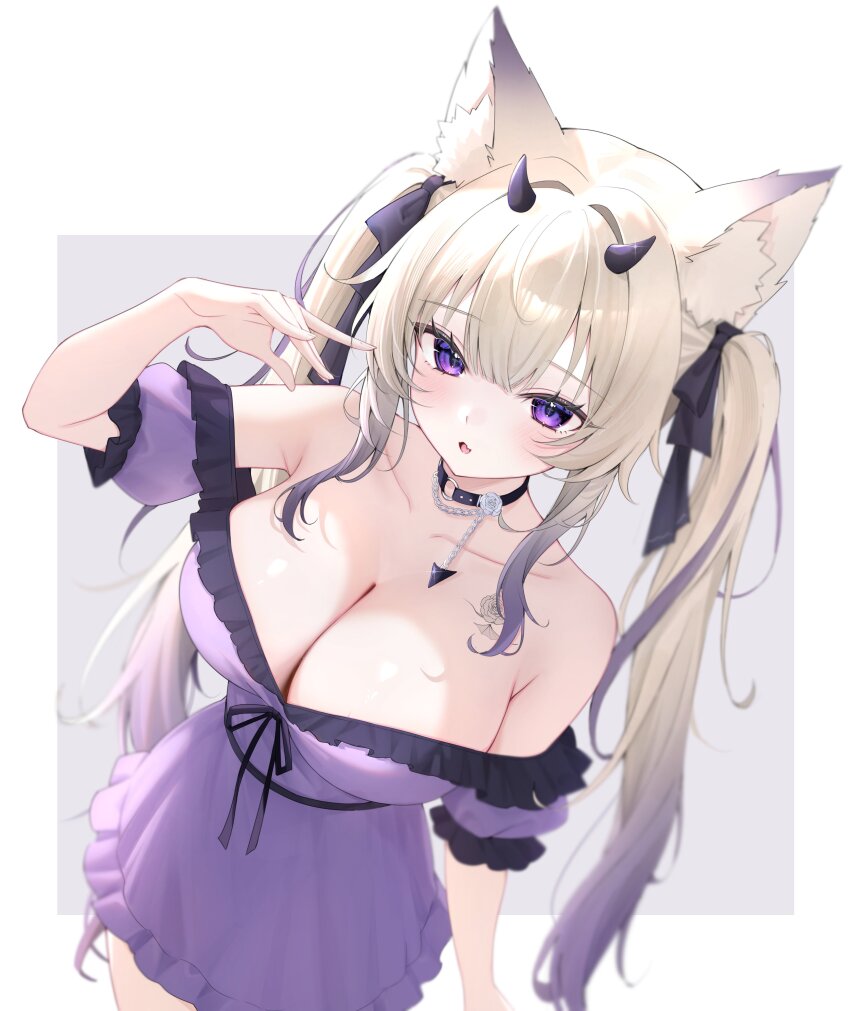 1girl absurdres animal_ear_fluff animal_ears black_ribbon blonde_hair blurry border breasts center-flap_bangs choker cleavage collarbone commission depth_of_field dress dutch_angle frilled_dress frills from_above gradient_hair grey_background hair_ribbon hand_up highres horns indie_virtual_youtuber large_breasts light_blush long_hair looking_at_viewer mano_mueru multicolored_hair namedango_(uouodango) o-ring o-ring_choker off-shoulder_dress off_shoulder outside_border purple_dress purple_eyes purple_hair purple_horns ribbon second-party_source skeb_commission solo streaked_hair twintails very_long_hair virtual_youtuber white_border