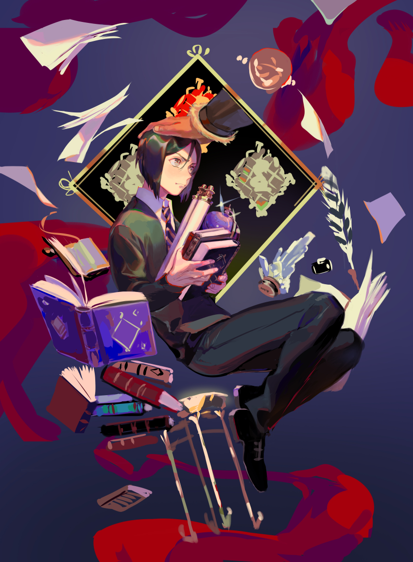 2boys absurdres bishounen black_hair black_pants black_shoes blue_background bob_cut book closed_mouth collared_shirt commentary diagonal-striped_clothes diagonal-striped_necktie english_commentary fate/zero fate_(series) feathers floating floating_book floating_object floating_paper full_body green_sweater_vest grey_eyes headpat highres holding holding_book iskandar_(fate) looking_at_another looking_up male_focus multiple_boys necktie painterly pants purple_necktie shirt shoes short_hair stool striped_clothes sweater_vest swept_bangs tamomoko taro-k two-tone_necktie waver_velvet yellow_necktie