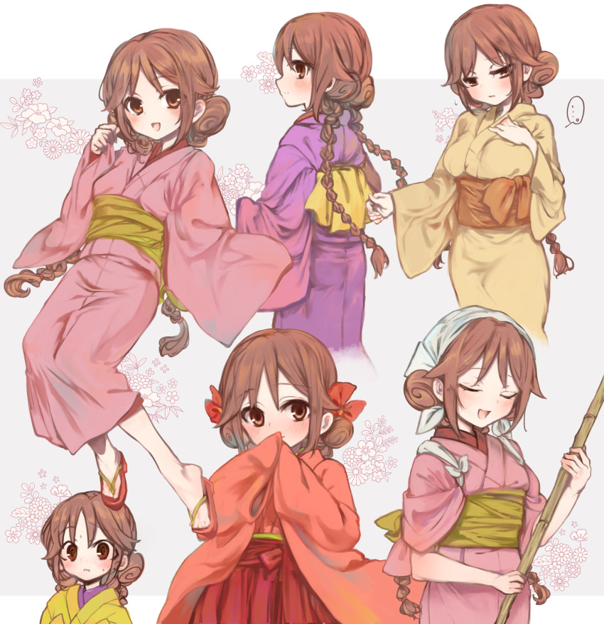 ... 1girl 3: blush braid breast_suppress breasts brown_eyes brown_hair closed_eyes closed_mouth commentary_request double_bun floral_background grey_background hair_bun hakama hand_up highres holding japanese_clothes kimono large_breasts long_hair multiple_views obi open_mouth orange_sash parted_lips pink_kimono purple_kimono red_footwear red_hakama red_kimono ryoukenle sandals sash smile spoken_ellipsis tachibana_yuzuki taishou_otome_otogibanashi twin_braids yellow_kimono yellow_sash