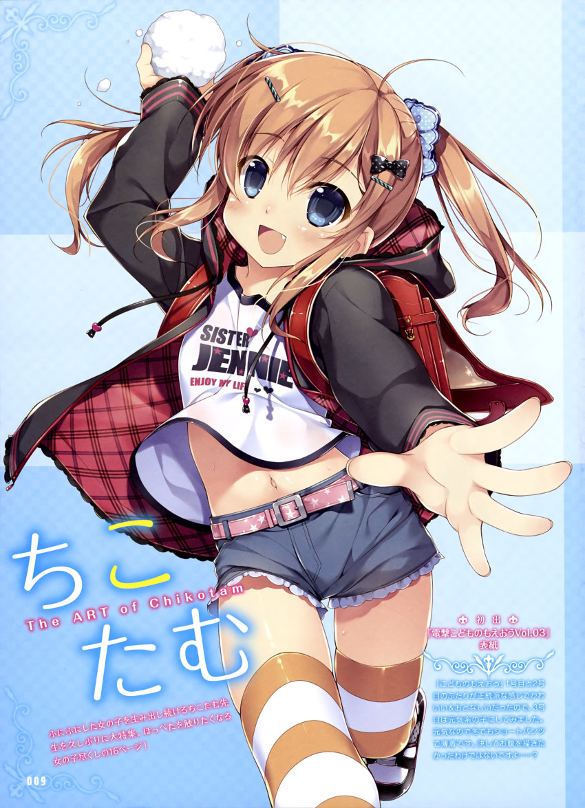 1girl absurdres arm_up backpack bag belt blue_eyes brown_hair chikotam coat dengeki fang female_focus hair_ornament hairclip highres holding hood long_hair navel open_mouth original outstretched_hand randoseru running shirt shoes short_shorts shorts smile snowball solo standing standing_on_one_leg striped_clothes striped_thighhighs thigh_gap thighhighs twintails wind wind_lift