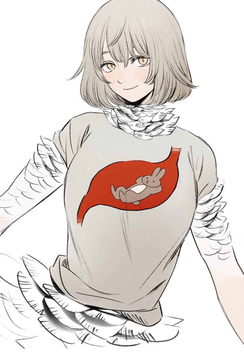 1girl blonde_hair blush dungeon_meshi falin_touden falin_touden_(chimera) feathers frs2 highres looking_at_viewer medium_hair print_shirt shirt slit_pupils smile solo t-shirt upper_body white_background yellow_eyes