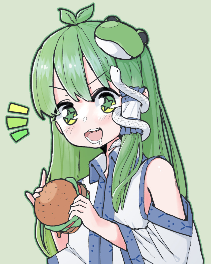 1girl antenna_hair bare_shoulders blush burger collared_shirt detached_sleeves food frog_hair_ornament green_eyes green_hair hair_ornament hair_tubes happy highres holding holding_burger holding_food kochiya_sanae light_blush long_hair open_mouth saliva shirt simple_background single_hair_tube single_sidelock smile snake_hair_ornament solo star_(symbol) star_in_eye symbol_in_eye touhou wrevhy