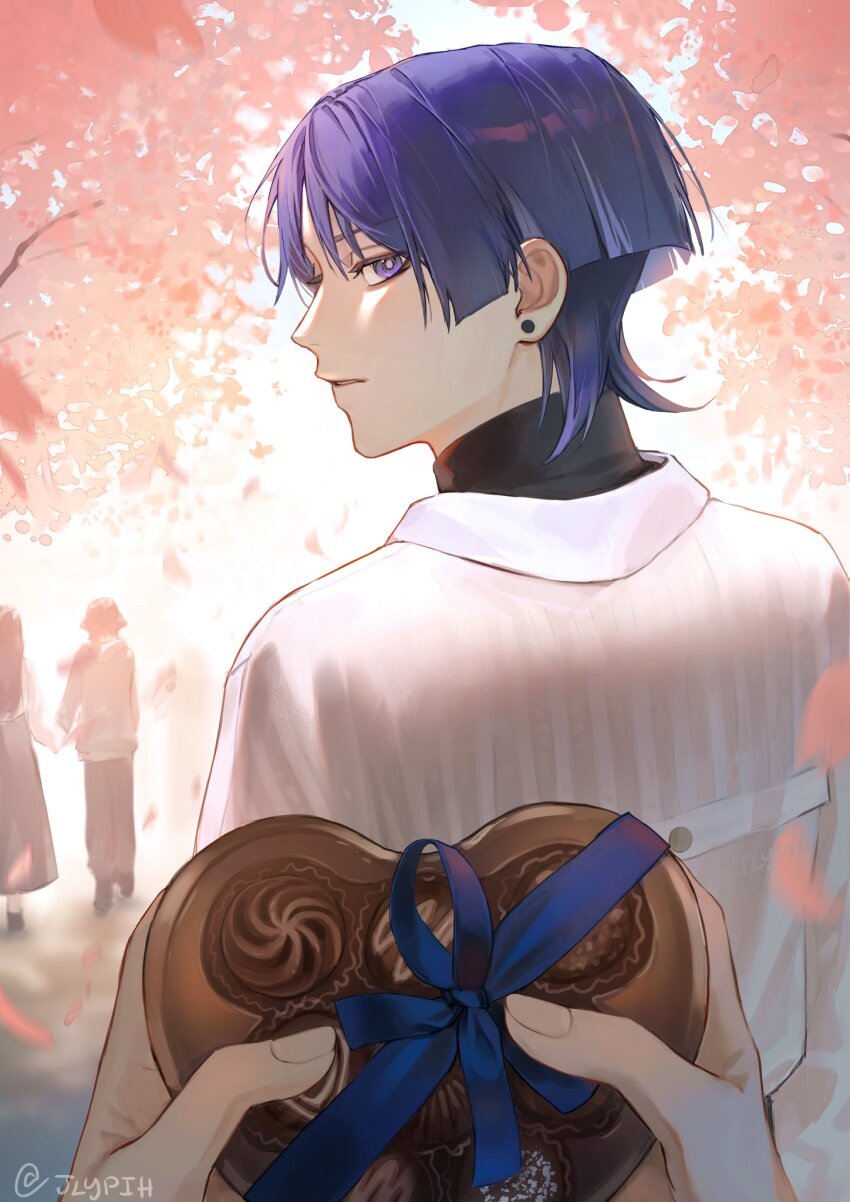 1boy alternate_costume artist_name blue_ribbon blunt_ends bodysuit bright_pupils candy chocolate chocolate_heart chopsticks colored_inner_hair contemporary eyelashes falling_petals fingernails food from_behind genshin_impact gift heart heart-shaped_food highres holding holding_chopsticks holding_gift incoming_gift jlypih looking_at_viewer looking_back multicolored_hair outdoors parted_lips petals pink_petals pov pov_hands purple_eyes purple_hair ribbon scaramouche_(genshin_impact) shirt streaked_hair tree tsurime turtleneck turtleneck_bodysuit twitter_username wanderer_(genshin_impact) wanderer_(wanderer_impression)_(genshin_impact) white_mouth white_pupils white_shirt