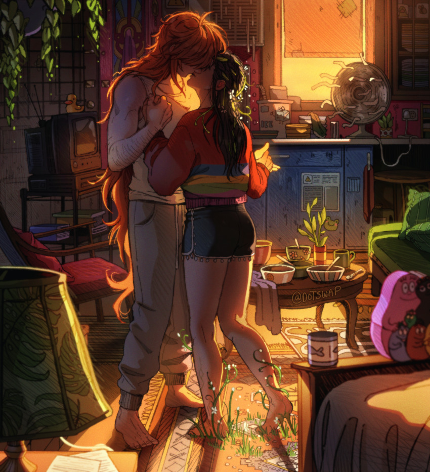 2girls barefoot black_hair black_shorts book book_stack bowl chair coffee_table commentary counter crt cup day dotswap electric_fan english_commentary flower grey_pants hair_flower hair_ornament hanging_plant height_difference highres holding_hands indoors kiss lamp lampshade long_hair mug multicolored_sweater multiple_girls original pants pillow plant plant_trail potted_plant red_hair rubber_duck rug shorts sunlight sweater table tank_top twitter_username very_long_hair white_flower white_tank_top window yuri