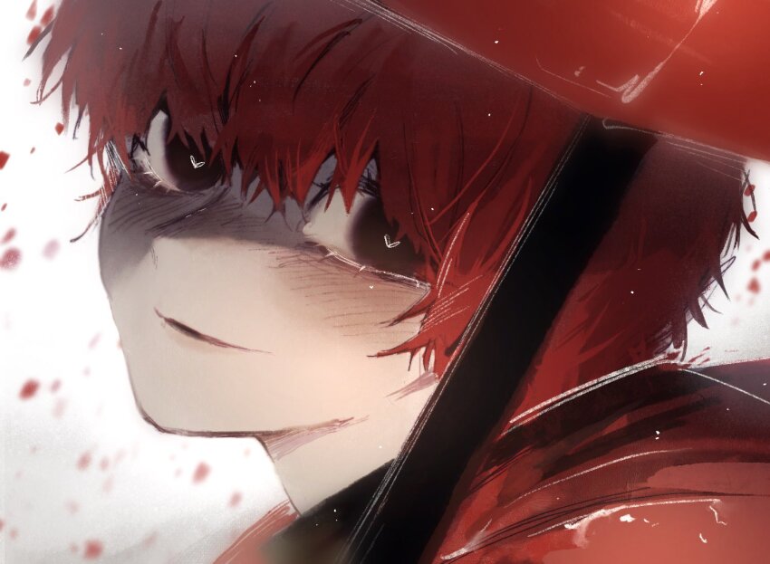 1boy brown_eyes commentary_request holding holding_umbrella homicipher korean_commentary looking_at_viewer male_focus mr._scarletella red_hair red_theme red_umbrella short_hair solo sweeeet_him umbrella white_background