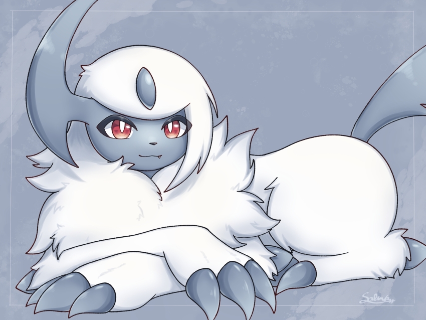 absol claws fang gen_3_pokemon highres lying nintendo no_humans pokemon pokemon_(creature) red_eyes signature smile solk soruva_359 white_hair