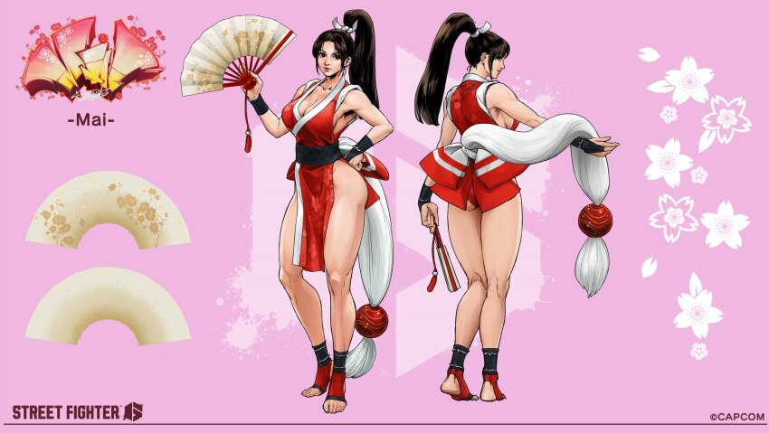 1girl ass black_hair breasts capcom reference_sheet cleavage crossover fatal_fury female_focus folding_fan full_body bad_tag bad_tag hand_fan high_ponytail highres holding holding_fan large_breasts long_hair looking_at_viewer motoyui official_art pelvic_curtain pink_background ponytail revealing_clothes shiranui_mai snk solo standing stirrup_footwear street_fighter street_fighter_6 thighs toes