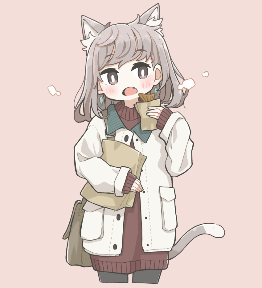 1girl animal_ears black_pantyhose blush brown_eyes brown_hair cat_ears cat_girl cat_tail coat earrings east_sha2 fang fish_earrings floating_earring highres jewelry long_sleeves looking_at_viewer medium_hair open_mouth original pantyhose solo tail white_coat