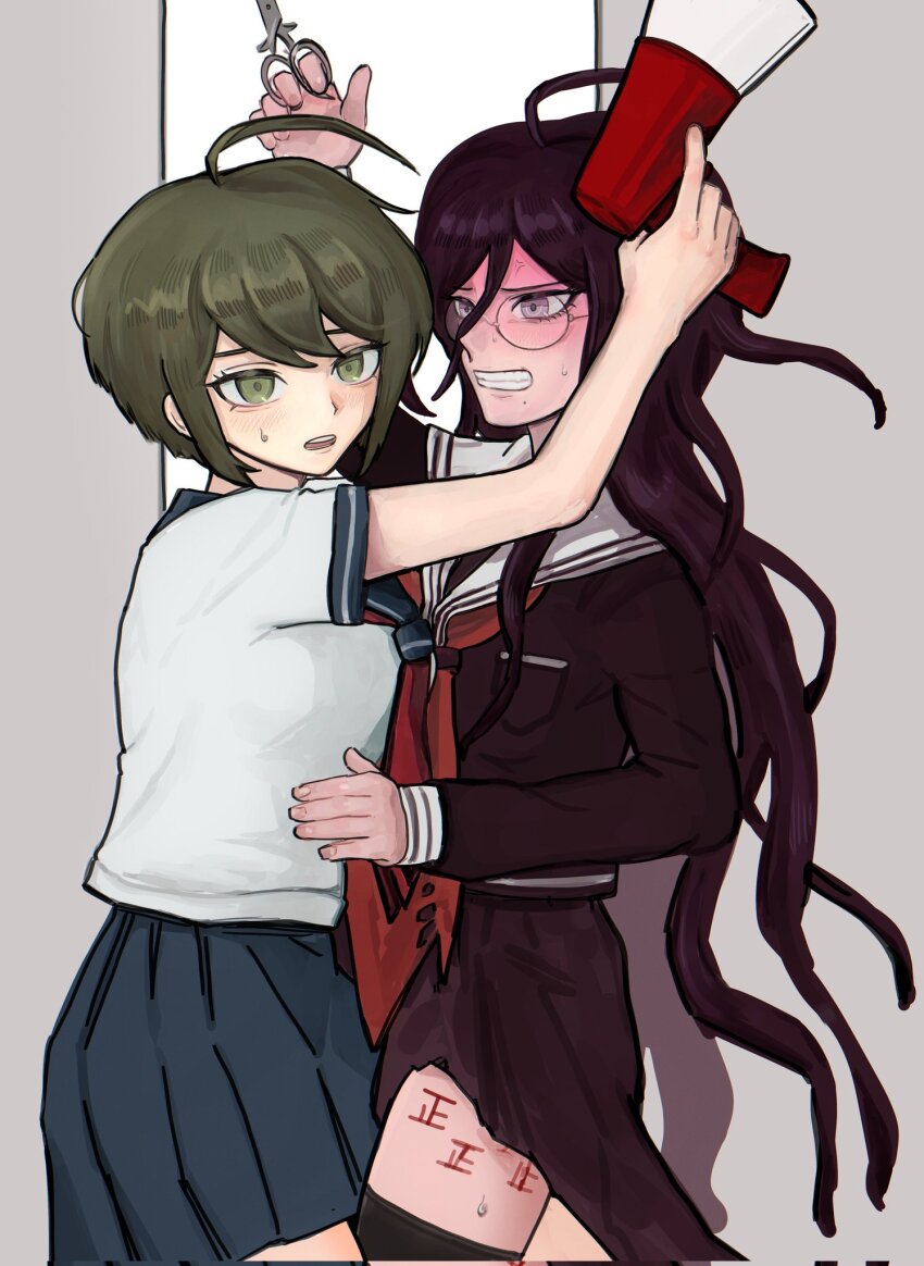 2girls ahoge arm_up black_sailor_collar black_skirt black_thighhighs brown_hair danganronpa_(series) danganronpa_another_episode:_ultra_despair_girls duhaem_(hik0mm) fukawa_toko highres holding holding_megaphone holding_scissors leg_tattoo long_hair megaphone multiple_girls naegi_komaru necktie pleated_skirt red_hair red_necktie sailor_collar scissors shirt short_hair short_sleeves skirt tattoo thighhighs torn_clothes torn_skirt white_sailor_collar white_shirt