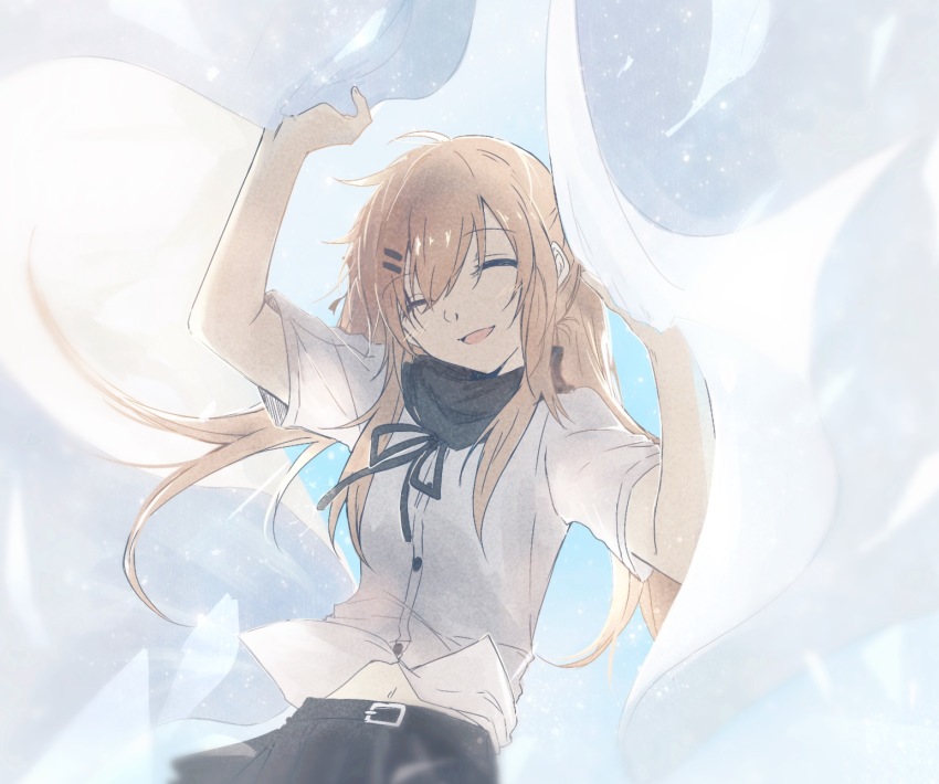 1girl ^_^ belt brown_hair buttons closed_eyes cowboy_shot curtain_grab curtains daikon_daikon female_focus girls&#039;_frontline hair_between_eyes hair_down hair_ornament hairclip head_tilt highres light_brown_hair light_particles long_hair navel open_mouth ribbon shirt short_sleeves smile solo ump9_(girls&#039;_frontline) white_shirt