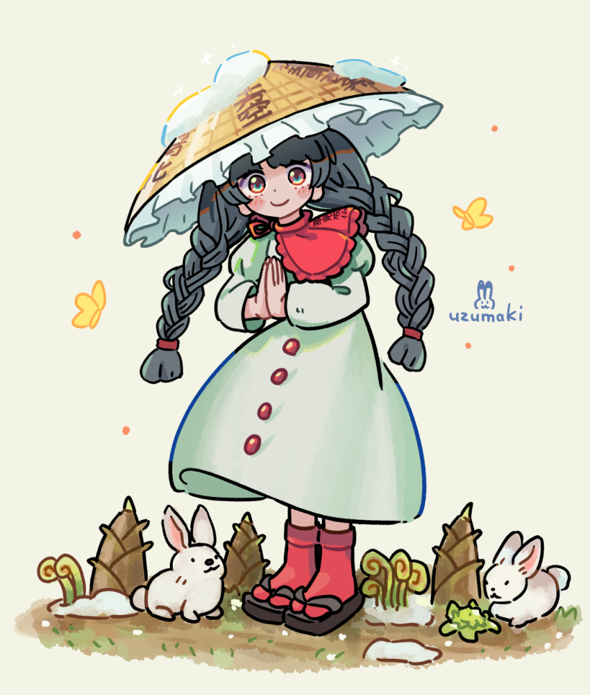 1girl ajirogasa black_hair black_sandals blush_stickers braid brown_hat bug butterfly buttons capelet closed_mouth commentary_request dress frilled_hat frills full_body green_dress hat highres insect juliet_sleeves long_hair long_sleeves looking_at_viewer own_hands_together puffy_sleeves rabbit red_capelet red_eyes red_socks sandals signature simple_background smile snow_on_headwear socks solo standing tabi touhou twin_braids uzumaki_osushi white_background yatadera_narumi