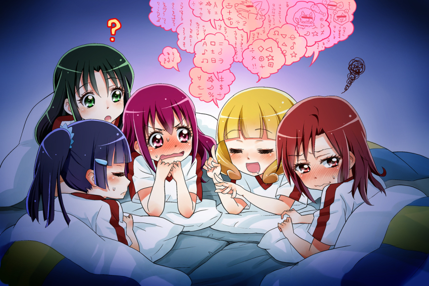 10s 5girls =_= ? akaooni aoki_reika blanket blush candy_(smile_precure!) d: eyelashes closed_eyes gym_uniform hair_down hairband hino_akane_(smile_precure!) hoshizora_miyuki kise_yayoi long_hair lying midorikawa_nao minimaru multiple_girls on_stomach open_mouth ponytail pop_(smile_precure!) precure saliva short_hair sleepover smile smile_precure! speech_bubble sweatdrop talking wavy_mouth wolfrun