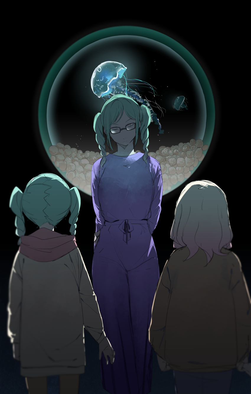 3girls absurdres aged_down black-framed_eyewear black_background blonde_hair braid braided_twintails brown_jacket child closed_eyes co1d_07 commentary_request dress dual_persona fish_tank glasses gradient_hair highres jacket jellyfish light_particles long_sleeves looking_down love_live! love_live!_superstar!! medium_hair multicolored_hair multiple_girls onitsuka_natsumi onitsuka_tomari pink_hair purple_dress siblings simple_background sisters thai_commentary time_paradox twin_braids twintails v-shaped_eyebrows yellow_jacket