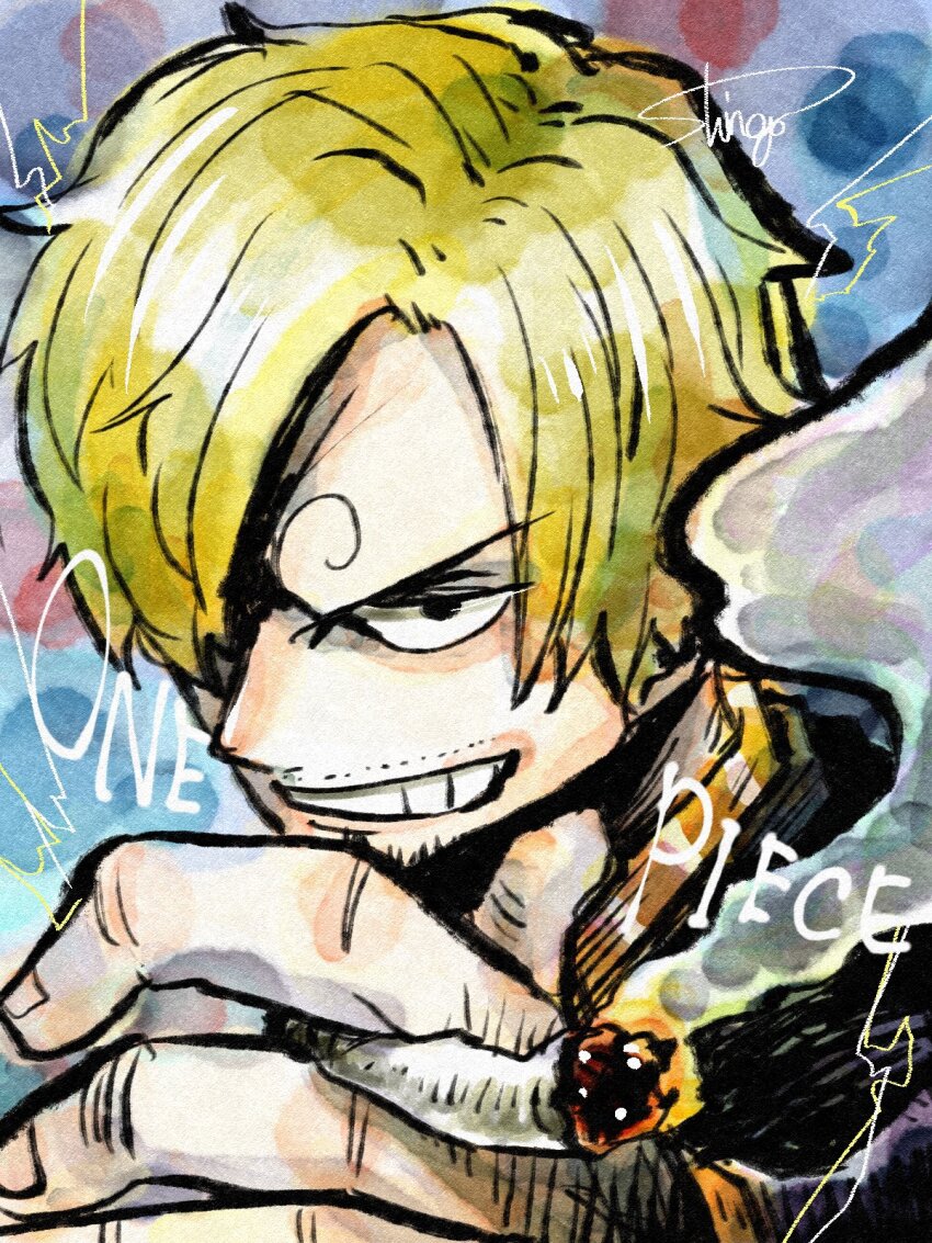 1boy blonde_hair cigarette commentary_request copyright_name curly_eyebrows facial_hair hair_over_one_eye highres holding holding_cigarette male_focus mustache one_piece sanji_(one_piece) short_hair signature smile smoke solo upper_body urinunhanada