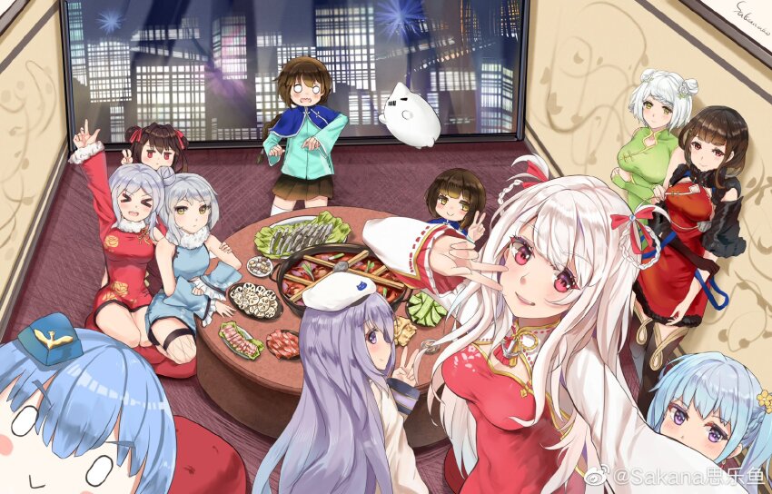 &gt;_&lt; 6+girls :3 anshan_(warship_girls_r) black_hair blue_dress blue_hair blunt_bangs blush braid braided_bangs braided_hair_rings breasts brown_eyes brown_hair changchun_(warship_girls_r) chao_ho_(warship_girls_r) china_dress chinese_clothes chongqing_(warship_girls_r) closed_mouth clothing_cutout double_bun dress flower food galo_(warship_girls_r) green_dress haiqi_(warship_girls_r) hair_bun hair_flower hair_ornament hair_ribbon hair_rings hat highres indoors large_breasts long_hair long_sleeves looking_at_viewer medium_breasts multiple_girls night ning_hai_(warship_girls_r) o_o open_mouth ping_hai_(warship_girls_r) purple_eyes purple_hair quincy_(warship_girls_r) red_dress red_eyes ribbon sakanafish short_hair side_ponytail single_side_bun sitting skirt smile standing table tan_yang_(warship_girls_r) thighhighs twintails v very_long_hair warship_girls_r watermark weibo_watermark white_hair window yat_sen_(warship_girls_r) yellow_eyes ying_swei_(warship_girls_r)