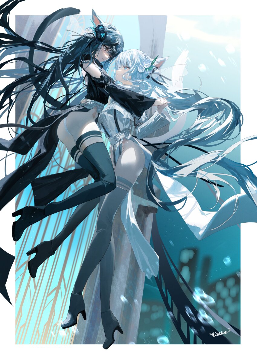 2girls absurdres ancient_greek_clothes animal_ears black_boots black_eyes black_hair blue_eyes boots cat_ears cat_girl cat_tail chiton clothing_cutout eye_contact facial_mark final_fantasy final_fantasy_xiv flower greco-roman_clothes hair_flower hair_ornament highres holding_hands long_hair looking_at_another miqo&#039;te multiple_girls shikina_(mochigushi_) shoulder_cutout signature tail thigh_boots warrior_of_light_(ff14) whisker_markings white_boots white_hair