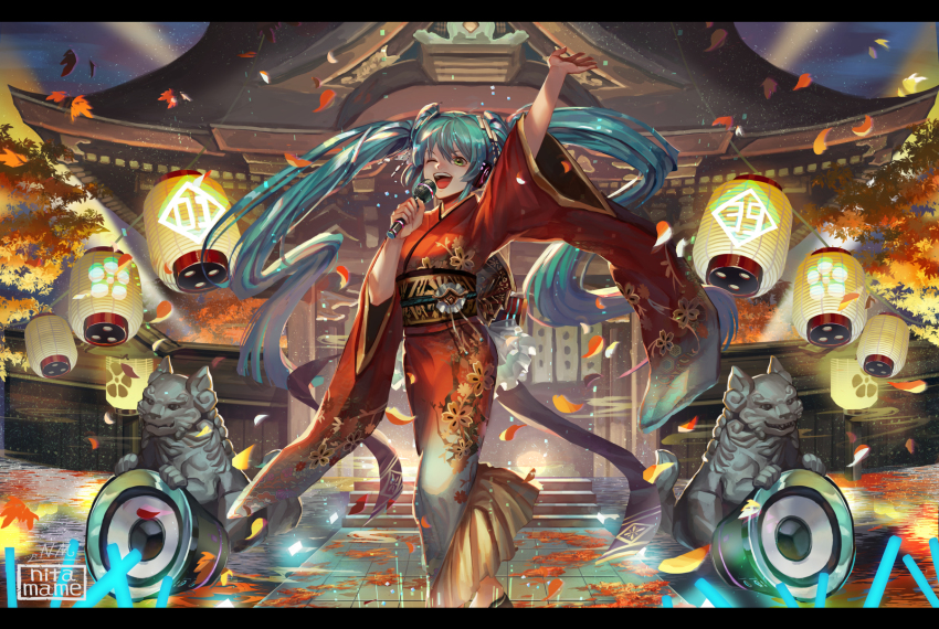 1girl aqua_eyes aqua_hair architecture east_asian_architecture flower hatsune_miku highres holding holding_microphone japanese_clothes kimono kyoto letterboxed long_hair microphone microphone_stand music nimame. nitamame obi open_mouth outdoors red_kimono sash singing twintails very_long_hair vocaloid yukata