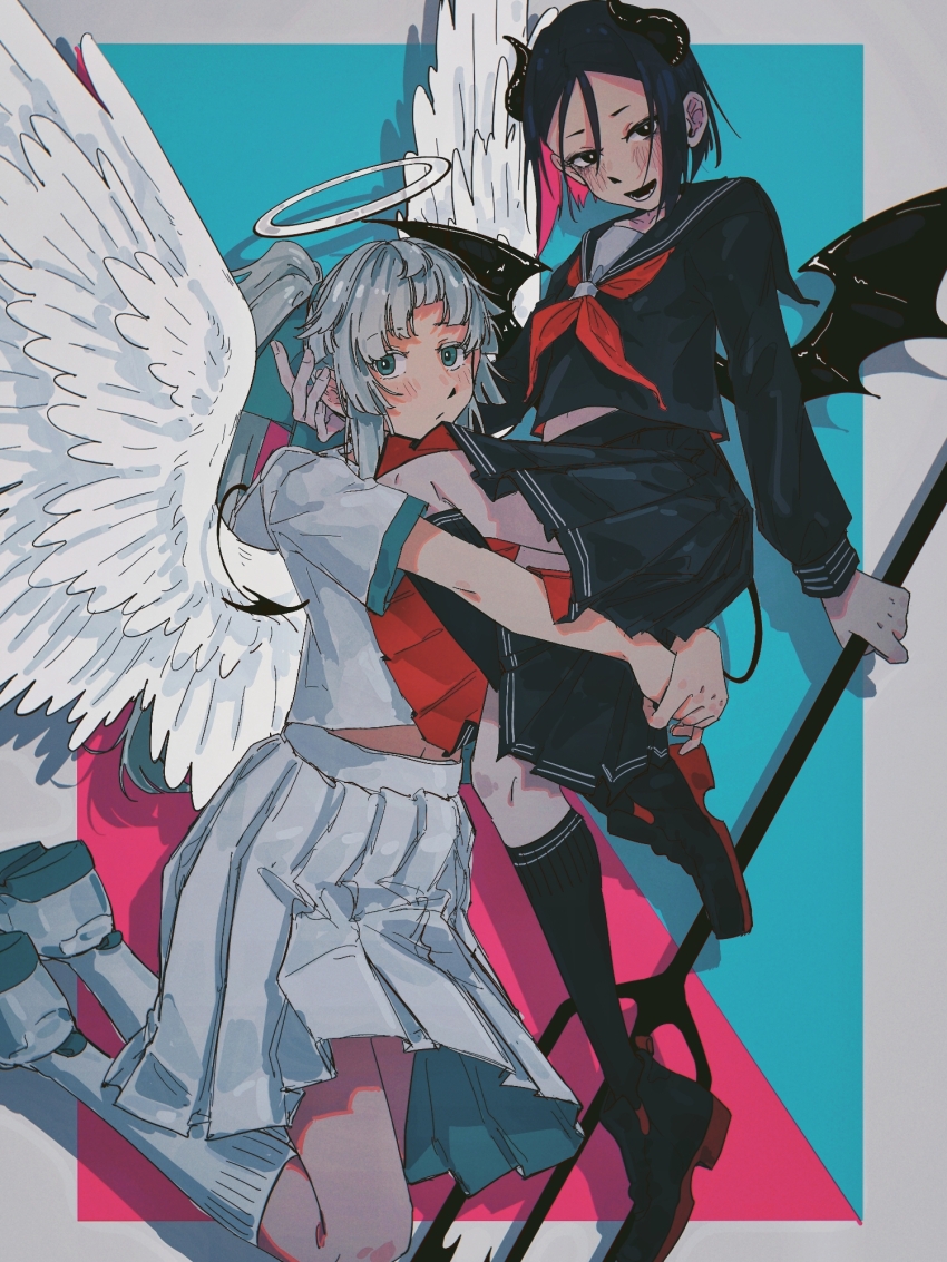 2girls :/ :d alternate_costume angel angel_wings aqua_eyes bat_wings black_eyes black_footwear black_hair black_horns black_sailor_collar black_serafuku black_shirt black_skirt black_socks blue_background blunt_ends blush borrowed_design bright_pupils carrying carrying_person chinese_commentary closed_mouth colored_shoe_soles commentary_request curled_horns demon_girl demon_horns demon_tail demon_wings drop_shadow fate/samurai_remnant fate_(series) feathered_wings feet_out_of_frame forehead halloween halo highres holding holding_polearm holding_weapon horns jiangyoujiang509 kneehighs legs_folded long_hair long_sleeves looking_at_viewer midriff_peek miniskirt multiple_girls neckerchief open_mouth pink_background pleated_skirt polearm ponytail red_neckerchief sailor_collar sailor_shirt school_uniform serafuku shirt short_hair short_sleeves simple_background skirt sleeve_cuffs smile socks straight_hair tail traditional_halo trident ushi_gozen_(fate) weapon white_footwear white_hair white_halo white_pupils white_serafuku white_shirt white_skirt white_socks white_wings wings yui_shousetsu_(fate) yuri