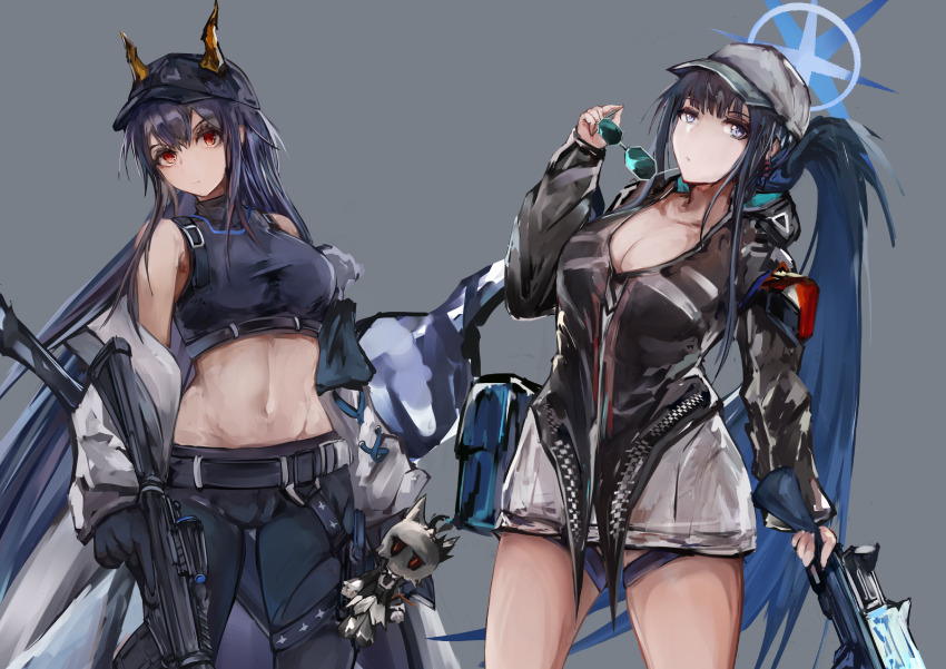 2girls absurdres arknights bare_legs bare_shoulders baseball_cap belt black_belt black_gloves black_jacket black_pants black_shirt blue_archive blue_eyes blue_hair breasts ch&#039;en_(arknights) ch&#039;en_(arknights)_(cosplay) ch&#039;en_the_holungday_(arknights) character_doll charm_(object) cleavage coat commentary_request cosplay cowboy_shot crop_top doll dragon_horns folded_ponytail gloves grey_background grey_coat grey_headwear gun halo hand_up hat high_heels highres holding holding_gun holding_removed_eyewear holding_water_gun holding_weapon horns horns_through_headwear ishigami_shizuka jacket kisumun large_breasts leggings long_hair long_sleeves looking_at_viewer medium_breasts midriff multiple_girls navel off_shoulder open_clothes open_coat pants red_eyes rifle saori_(blue_archive) saori_(blue_archive)_(cosplay) shirt simple_background sleeveless sleeveless_shirt standing standing_on_one_leg stomach sunglasses talulah_(arknights) thighs unworn_eyewear very_long_hair voice_actor_connection water_gun weapon
