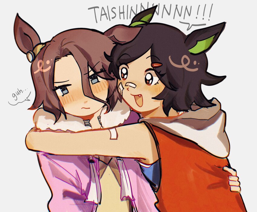 2girls animal_ears bandaid bandaid_on_arm bandaid_on_cheek bandaid_on_face black_hair blue_eyes blush breasts brown_hair closed_mouth english_text fang fur-trimmed_jacket fur_trim hair_between_eyes hair_ornament hairclip highres hood hoodie horse_ears horse_girl hug jacket long_sleeves multiple_girls narita_taishin_(nevertheless)_(umamusume) narita_taishin_(umamusume) open_mouth pink_jacket red_hoodie red_jacket shirt short_hair sleeveless sleeveless_jacket smile speech_bubble umamusume upper_body winning_ticket_(get_to_winning!)_(umamusume) winning_ticket_(umamusume) wuzeio yellow_shirt