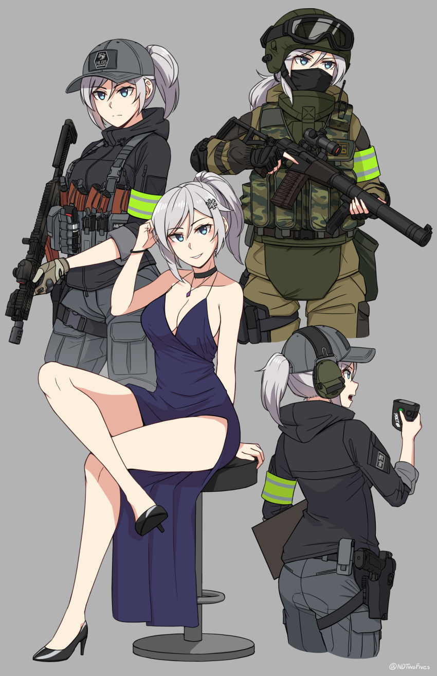 1girl absurdres ak-104 aleksandra_morozova ammunition_pouch arm_support armband as_val assault_rifle averting_eyes bare_shoulders baseball_cap black_choker black_footwear black_gloves black_hoodie blue_dress blue_eyes blush breasts brooch brown_gloves bulletproof_vest choker cleavage clipboard combat_helmet cropped_legs crossed_legs dated_commentary dress fingerless_gloves flower_brooch gloves goggles goggles_on_headwear green_armband green_headwear green_jacket green_pants grey_background grey_hair grey_headwear grey_pants gun h&amp;k_vp9 hair_between_eyes hand_up handgun hat headphones helmet high_heels highres holding holding_clipboard holding_gun holding_weapon holster holstered hood hoodie jacket jewelry kalashnikov_rifle load_bearing_vest long_sleeves looking_at_viewer magazine_(weapon) mask medium_breasts mouth_mask multiple_views ndtwofives necklace open_mouth original pants parted_lips ponytail pouch pumps rifle scope short_hair side_slit sidelocks simple_background sitting sleeves_rolled_up smile stool tactical_clothes thigh_holster thigh_strap trigger_discipline twitter_username vertical_foregrip walkie-talkie weapon