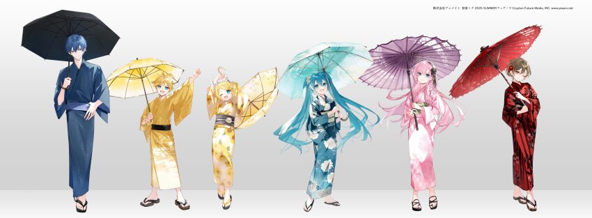 2boys 4girls :d ;d absurdres arm_up black_sandals black_umbrella blonde_hair blue_eyes blue_hair blue_kimono blue_umbrella bow_hairband brown_eyes brown_hair brown_sandals closed_mouth copyright_notice floral_print floral_print_kimono flower full_body grey_background hair_flower hair_ornament hairband hairclip hatsune_miku highres holding holding_umbrella japanese_clothes kagamine_len kagamine_rin kaito_(vocaloid) kimono long_hair long_sleeves megurine_luka meiko_(vocaloid) missing_commentary mochizuki_shiina multiple_boys multiple_girls obi obijime official_art one_eye_closed open_mouth outstretched_arm pink_hair pink_kimono pink_umbrella print_kimono red_kimono red_umbrella sandals sash short_hair smile standing twintails umbrella vocaloid white_hairband wide_sleeves yellow_kimono yellow_umbrella