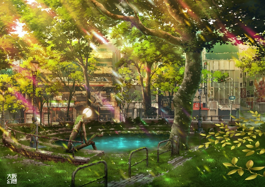 abandoned animal bird broken_window building commentary_request day dilapidated grass highres lamppost moss original outdoors overgrown post-apocalypse railing ruins rust sitting sunlight tokyogenso tree water