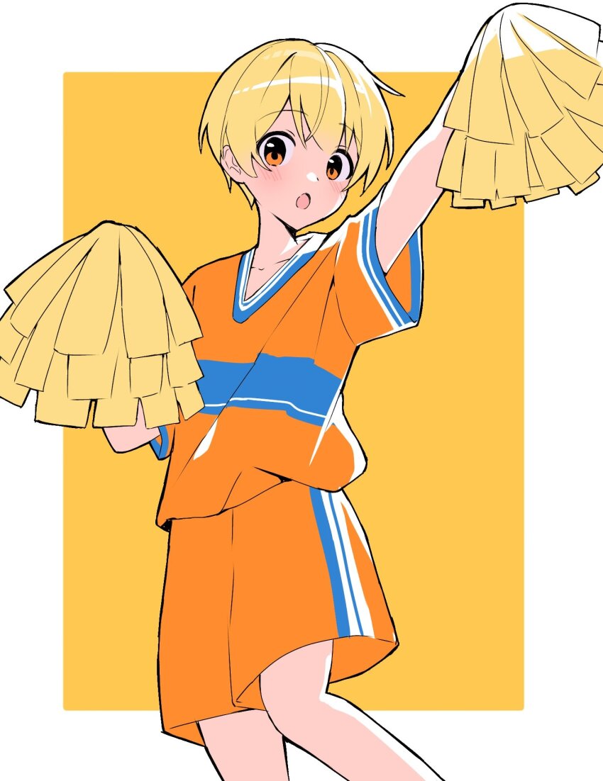 1boy arm_up blonde_hair border cheerleader hair_between_eyes hashtag-only_commentary highres holding holding_pom_poms kai_(shell) looking_at_viewer male_focus open_mouth orange_eyes orange_shirt orange_shorts pom_pom_(cheerleading) pom_poms root_(stpri) shirt short_hair short_sleeves shorts solo strawberry_prince two-tone_shirt two-tone_shorts white_border