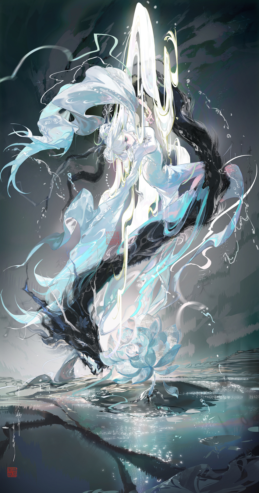 1girl absurdres black_sky commentary_request commission dress full_body highres long_hair looking_down original outdoors qingfengche seal_impression sky solo very_long_hair water white_dress white_hair wide_sleeves yin_yang yin_yang_print zhongguo_hua