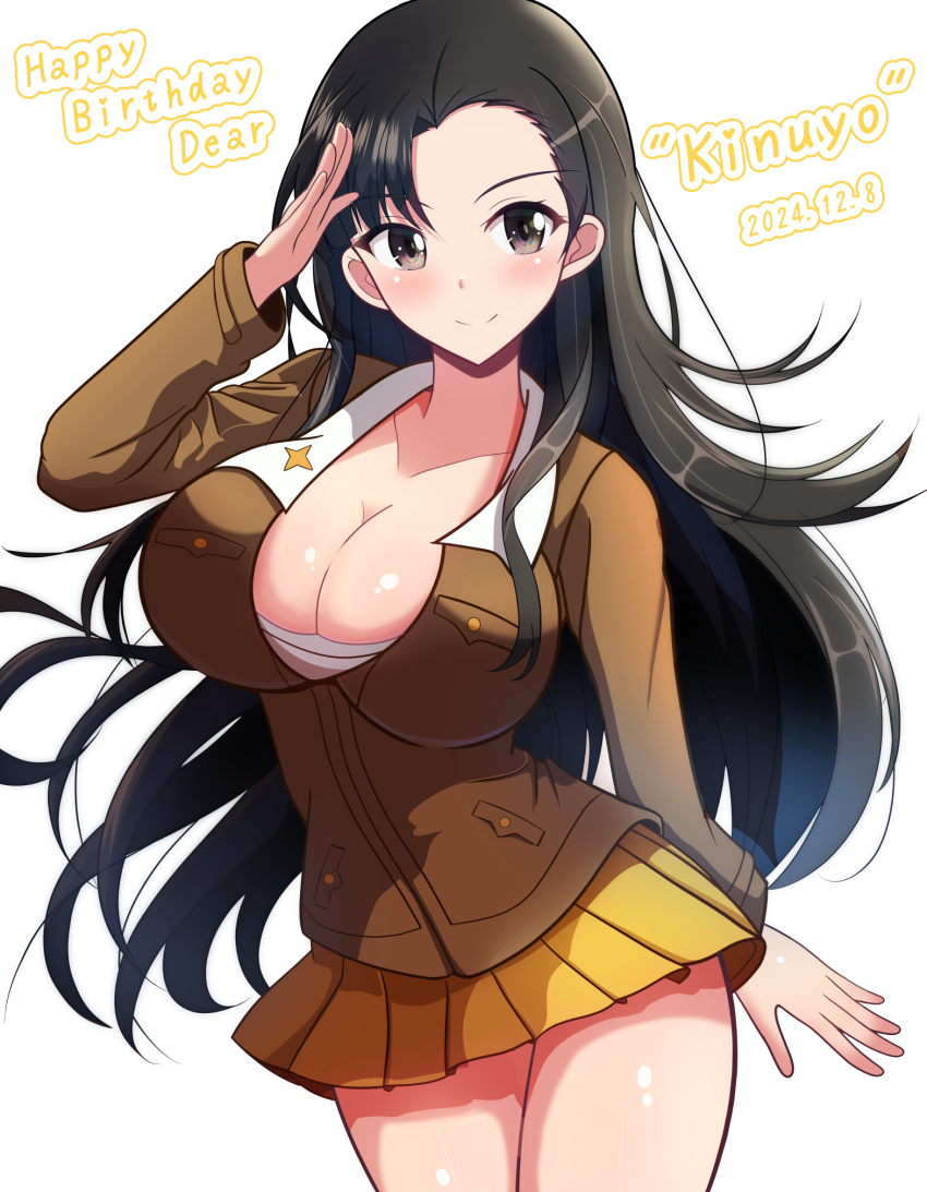 1girl black_hair blush breasts brown_eyes character_name chi-hatan_military_uniform cleavage closed_mouth collarbone dated girls_und_panzer happy_birthday highres kumaisao large_breasts long_hair looking_at_viewer military_uniform miniskirt nishi_kinuyo sarashi simple_background skirt smile solo white_background yellow_skirt