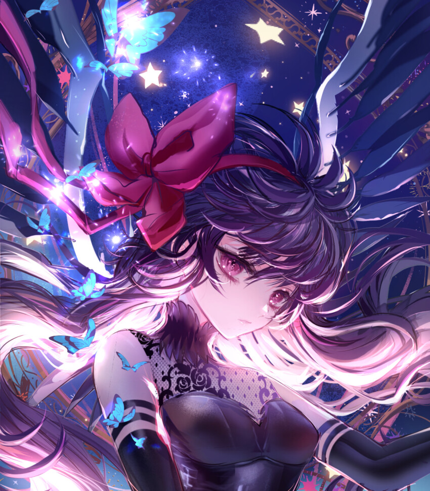 1girl akemi_homura akuma_homura bilingual_commentary black_choker black_dress black_gloves black_hair black_wings bow bow_hairband bug butterfly choker commentary_request dress elbow_gloves expressionless feathered_wings fishnets floating floating_hair frilled_choker frills gloves glowing glowing_hair hair_between_eyes hairband highres insect komorihikki light_particles long_hair mahou_shoujo_madoka_magica mahou_shoujo_madoka_magica:_hangyaku_no_monogatari mixed-language_commentary red_bow red_eyes red_hairband sidelocks sleeveless sleeveless_dress solo star_(sky) star_(symbol) very_long_hair wings