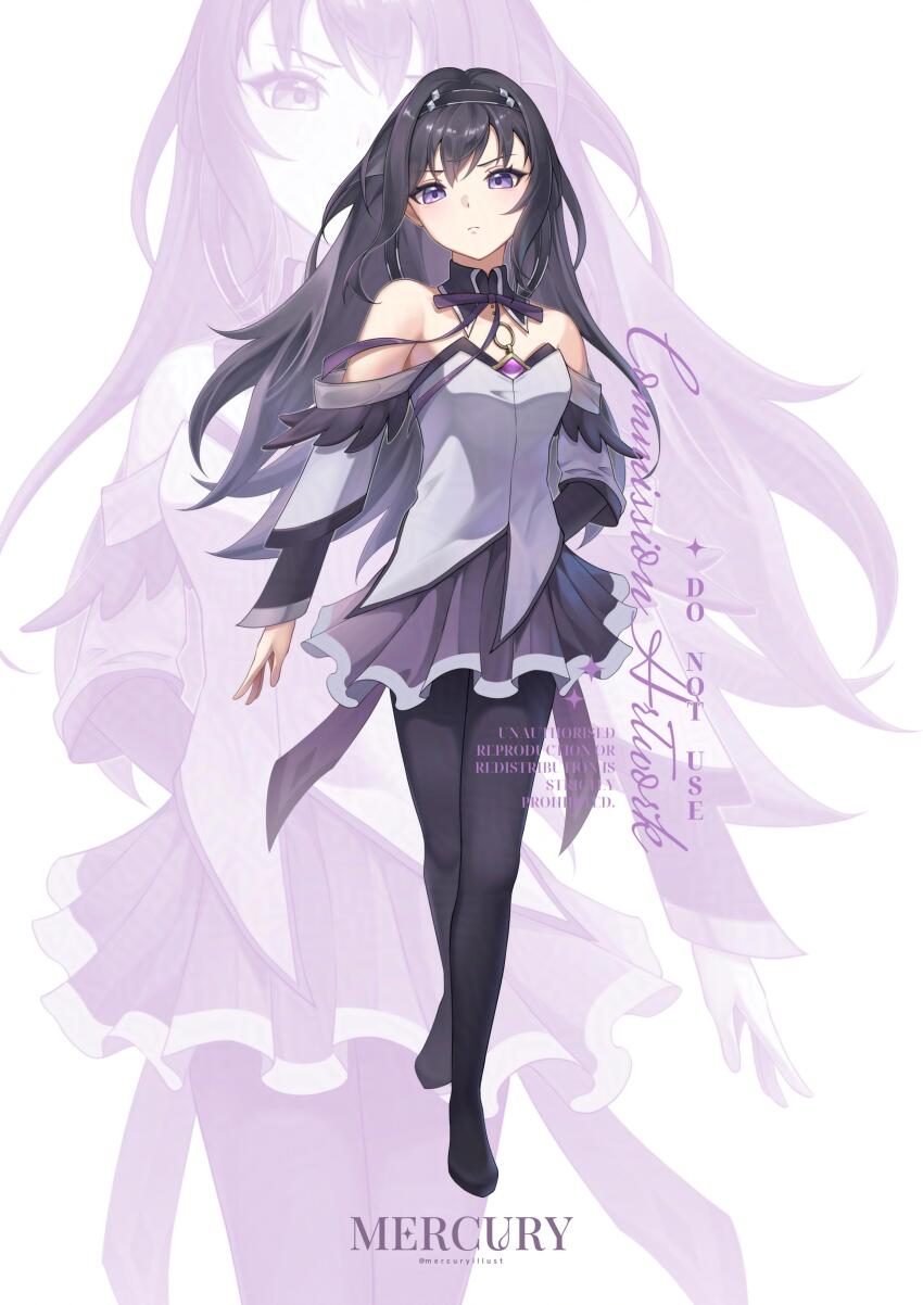 1girl absurdres akemi_homura akemi_homura_(magical_girl) bare_shoulders black_hair black_hairband commentary commission detached_collar english_commentary full_body grey_shirt hairband highres long_hair looking_at_viewer magical_girl mahou_shoujo_madoka_magica mahou_shoujo_madoka_magica:_walpurgis_no_kaiten mercury_jc miniskirt purple_eyes purple_skirt shirt skirt standing very_long_hair zoom_layer