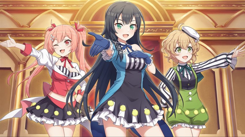 3girls black_hair blonde_hair blush cielo_(konosuba) erika_(konosuba) green_eyes hair_ornament kono_subarashii_sekai_ni_shukufuku_wo! konosuba!_fantastic_days lia_(konosuba) long_hair looking_at_viewer multiple_girls official_art one_eye_closed pink_hair short_hair twintails