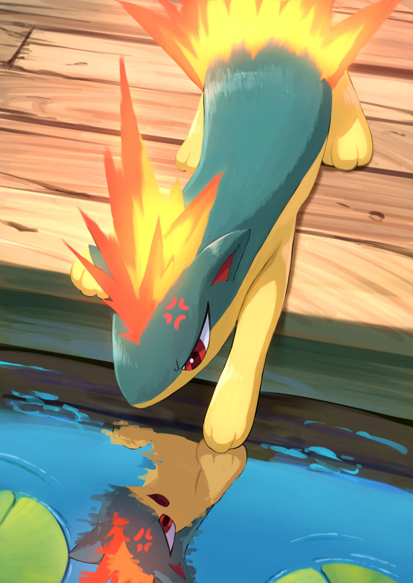 anger_vein angry commentary fire full_body gen_2_pokemon highres karamimame lily_pad looking_at_reflection nintendo no_humans open_mouth outdoors pier pokemon pokemon_(creature) quilava reaching red_eyes reflection reflective_water solo water