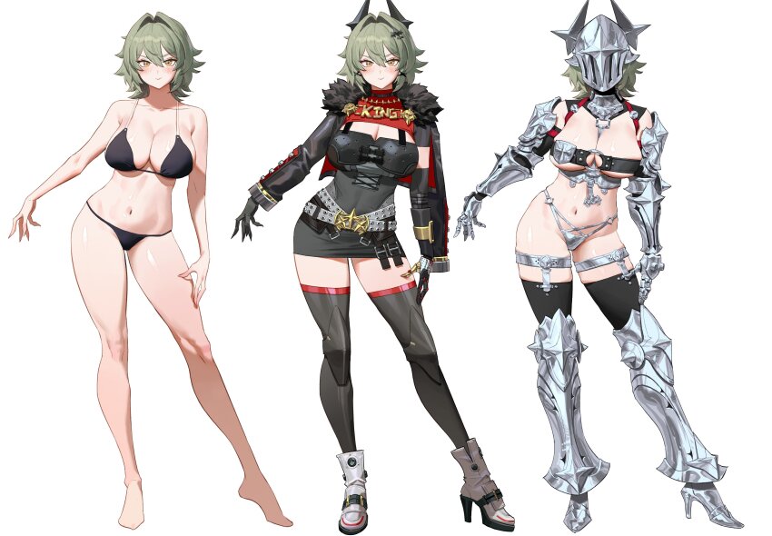 1girl absurdres alternate_costume ankle_boots armor armored_boots armored_gloves barefoot bikini bikini_armor black_bikini black_horns black_skirt black_thighhighs blush boots breasts caesar_king_(zenless_zone_zero) cleavage closed_mouth commentary contrapposto full_body fur-trimmed_jacket fur_trim great_helm green_hair hair_intakes high_heel_boots high_heels highres horns jacket large_breasts legs long_hair looking_at_viewer miniskirt navel o-ring o-ring_top shoulder_armor simple_background skirt smile spiked_jacket standing swimsuit thighhighs thighs white_background white_boots wonbin_lee yellow_eyes zenless_zone_zero